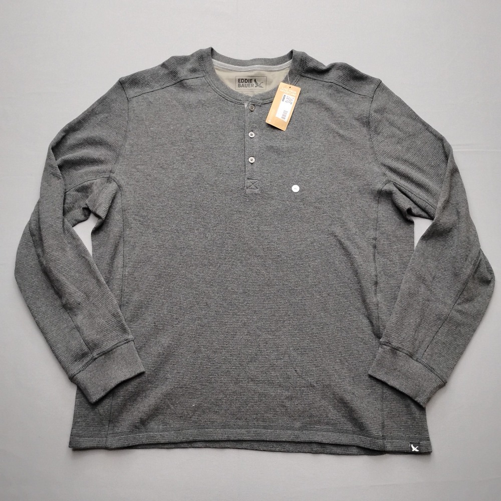 Eddie Bauer Mens XL Thermal Henley Long Sleeve Waffle Knit Gray Shirt 1827